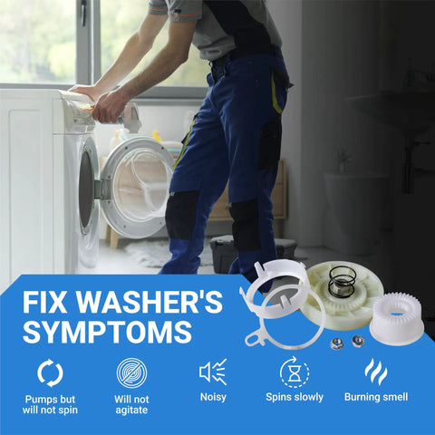 Person repairing washer with Complete W10721967 Clutch Cam Assembly And W10528947 Driven Hub Kit For Whirlpool Kenmore Top Load Washer.