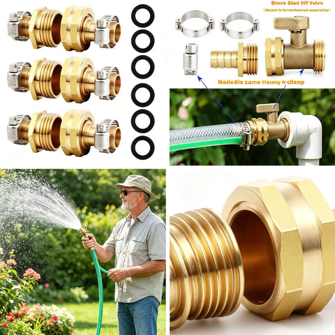 Premium Garden Hose Repair Kit With 3 Male And Female Brass Connectors Plus Stainless Steel Clamps And Gaskets For 5/8 Inch US Thread Hoses Fix Leaks Fast And Keep Your Seasonal Watering Game Strong. brass hose repair kit with clamps and gaskets, shown assembled on garden hose