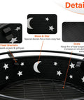 Close-up details of 32 Inch 2 In 1 Outdoor Fire Pit Round Metal Firepit with moon and star design, brackets, and grate for bonfires.