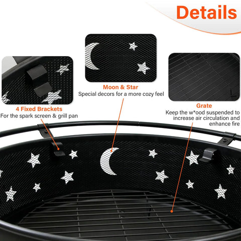 Close-up details of 32 Inch 2 In 1 Outdoor Fire Pit Round Metal Firepit with moon and star design, brackets, and grate for bonfires.