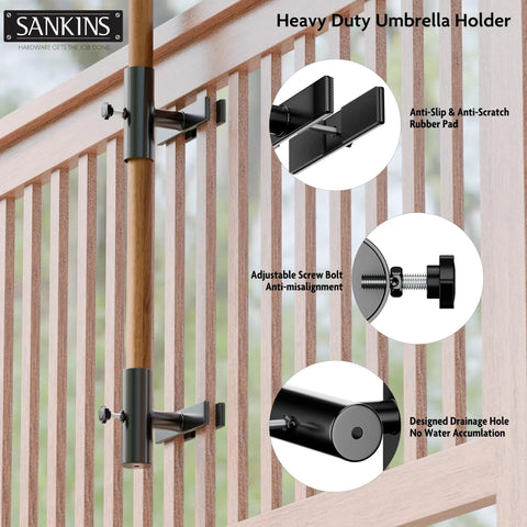 Heavy Duty Patio Umbrella Holder For Deck Railing Adjustable Clamp Mount Base detail with rust-proof screws and drainage holes