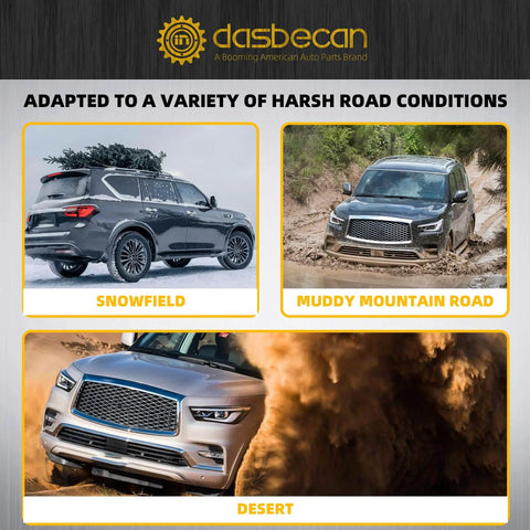Infiniti vehicles on snowfield, muddy mountain road, and desert highlighting Rear Hydraulic Air Suspension Shock Absorber Strut Set