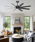 60 Inch Ceiling Fan No Light Modern Black With 8 Blades Remote App Control DC Motor Outdoor Fan For Covered Patio Living Room Garage Workshop Wall Switch Compatible installed in a living room.