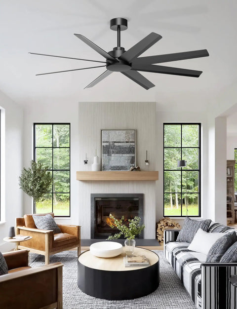 60 Inch Ceiling Fan No Light Modern Black With 8 Blades Remote App Control DC Motor Outdoor Fan For Covered Patio Living Room Garage Workshop Wall Switch Compatible installed in a living room.