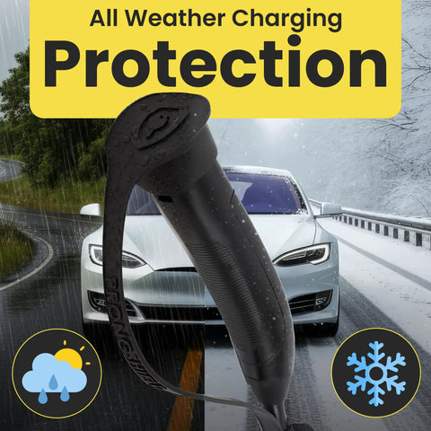 Tesla Outdoor Charging Port Cover For J3400 NACS Plug, Snug Slip On Protector With Weatherproof Shield on rainy road