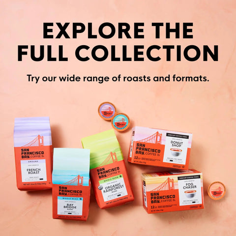 Various San Francisco Bay Coffee products including Fog Chaser Medium Dark Roast K Cup Compatible Coffee Pods 80 Count Single Serve Compostable Pods.