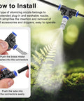 How to install Brass Misting Nozzles Kit 30 Pcs With Filter Mesh 1/4 Inch Tee Fittings, showing misting on a patio cooling system.