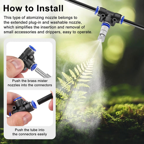 How to install Brass Misting Nozzles Kit 30 Pcs With Filter Mesh 1/4 Inch Tee Fittings, showing misting on a patio cooling system.