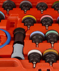 Slick Complete No Hassle Rig Ready 28 Piece Universal Radiator Pressure Tester Kit with hand pump and colorful adapters.