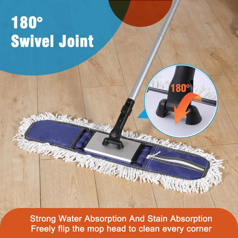 Heavy Duty 24 Inch Commercial Dust Mop With 59 Inch Extendable Handle For Hardwood And Marble Floors, shown on wooden floor