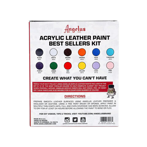 Back of 12 Color Acrylic Leather Paint Kit For Shoes Kicks Sneakers Leather Canvas And Furniture Flexible Blendable Colors 1 Oz Tubes DIY Color Crafting Set Bundle with color chart and directions.