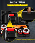Straight Up Electric Pipe Threader With 2300W Copper Motor and Six Tough Dies in portable case showcasing groove design.