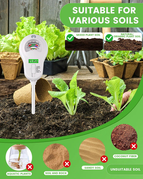 6 In 1 Soil Tester With Three Probes For Moisture, PH, Fertility, Sunlight, Temperature And Humidity in garden setting