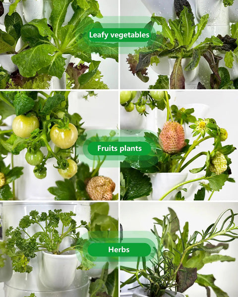 Close-up of Vertical Indoor Hydroponic Tower Garden System with 30 Pods showing leafy greens, fruits, and herbs.
