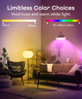 Living room with Prisma Smart Light Bulbs 2-Pack Color Changing RGBW LED A19 showcasing color spectrum and warm white lighting.