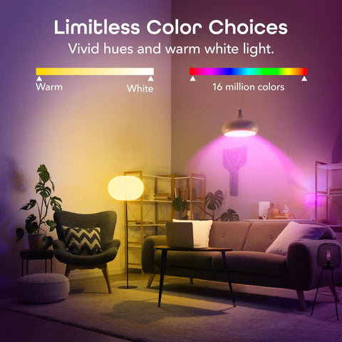 Living room with Prisma Smart Light Bulbs 2-Pack Color Changing RGBW LED A19 showcasing color spectrum and warm white lighting.