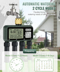 4 Zone Brass Sprinkler Timer With Rain Delay And Manual Mode attached to faucet, showing digital display and four outlets