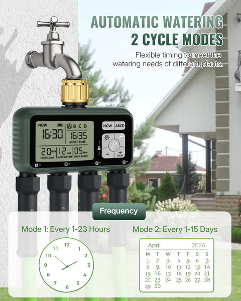 4 Zone Brass Sprinkler Timer With Rain Delay And Manual Mode attached to faucet, showing digital display and four outlets
