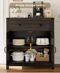 Dark brown coffee bar cabinet with drawer and two-door cabinet, displaying shelves full of kitchenware, ample storage space.
