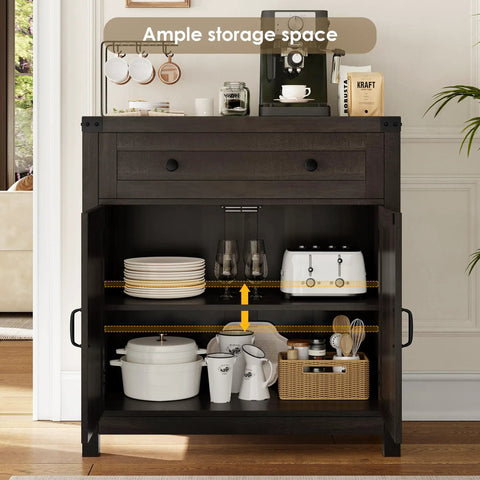 Dark brown coffee bar cabinet with drawer and two-door cabinet, displaying shelves full of kitchenware, ample storage space.