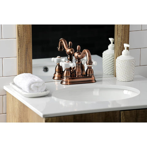Antique Copper 4-Inch Centerset Bathroom Faucet In Solid Brass With Durable Washerless Cartridge on deck mount