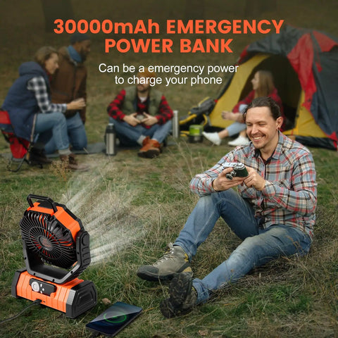 High Capacity 30000mAh Oscillating Camping Fan With LED Lantern rechargeable for outdoor use beside smiling camper near tent