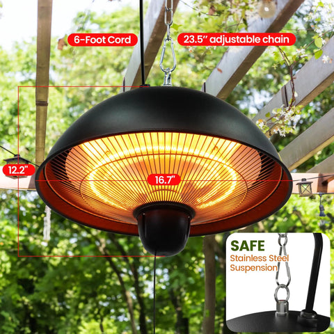 Infrared Hanging Patio Heater for Indoor Outdoor Use, Ceiling Mount, 3 Heat Settings 600W/900W/1500W installation view