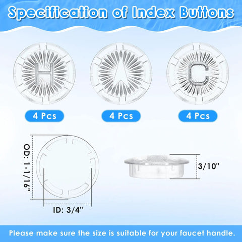 4 Pack Acrylic Clear Faucet Index Buttons for Gerber 94-445 94-446 94-447, dimensions and set of hot and cold buttons