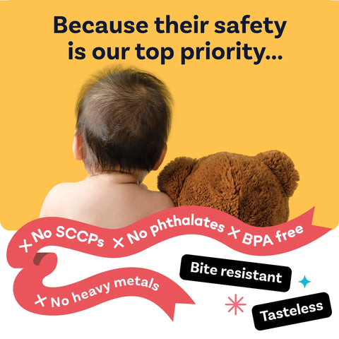 Back view of a baby with a teddy bear next to safety features of Kid Safe Corner Guards for Baby Proofing Clear PVC Edge Bumpers.