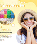 Friendship Bracelet Kit With 5200 Pieces Beads And Charms For Beginners Polymer Clay Beads In 24 Colors displayed with happy woman.