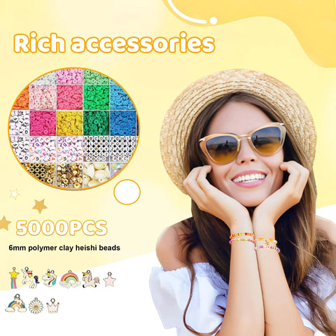 Friendship Bracelet Kit With 5200 Pieces Beads And Charms For Beginners Polymer Clay Beads In 24 Colors displayed with happy woman.
