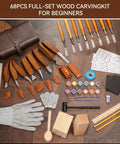 Wood Carving Kit 68 Piece Whittling Set With Leather Storage Bag And 16 Carbon Steel Knives 8 Basswood Blocks And Paints