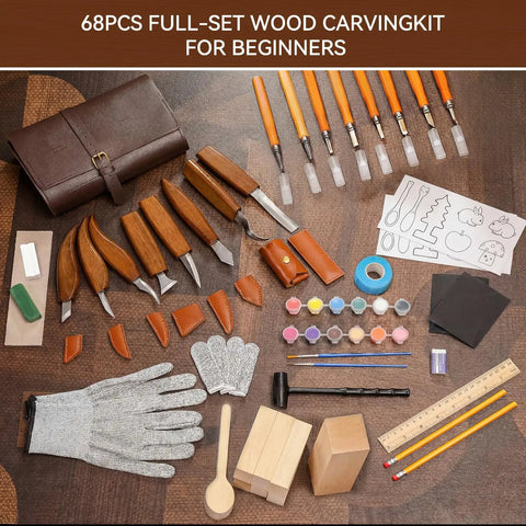 Wood Carving Kit 68 Piece Whittling Set With Leather Storage Bag And 16 Carbon Steel Knives 8 Basswood Blocks And Paints