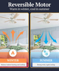 52 Inch Farmhouse LED Ceiling Fan With Light illustrating reversible motor for winter heating and summer cooling.