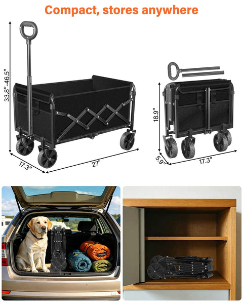 Foldable Wagon With Wheels For Beach And Camp, Collapsible Wagon Cart With Two Cup Holders, Lightweight Portable Black, 360 Lb Capacity