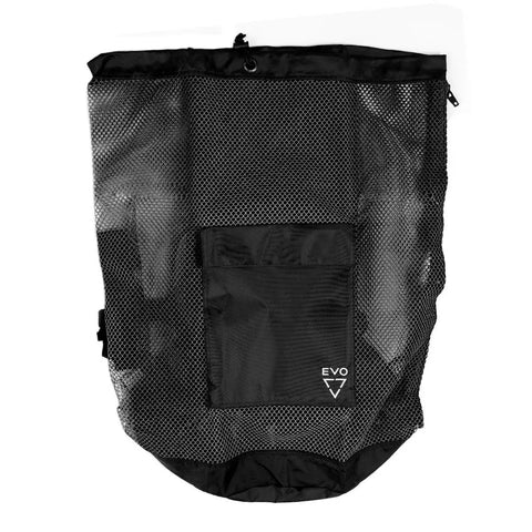 Deluxe Mesh Dive Backpack Bag For Scuba Gear And Snorkeling, large black PVC mesh tote, front view, with drawstring closure.