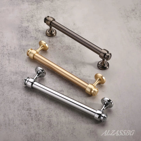 Three metal cabinet pulls in chrome, gold, and bronze, representing the 15 Pack Polished Chrome Cabinet Pulls 5 Inch Hole Center.