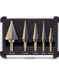 Five-piece step drill bit set with fifty sizes in aluminum case, titanium-coated for metal, stainless steel, wood, plastic.