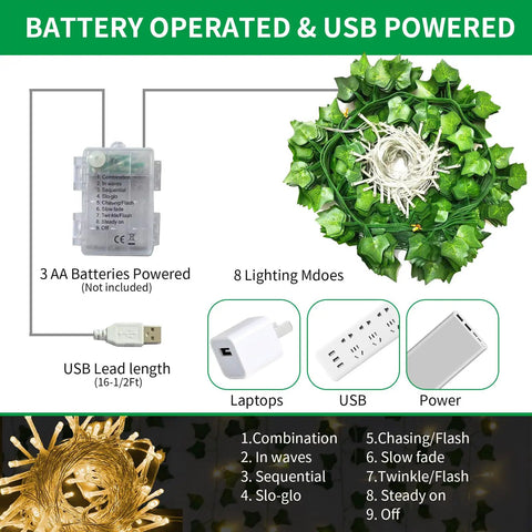 Fake Ivy Vines With 80 LED String Lights 12 Pack 84 Feet Total Length, battery and USB powered, 8 lighting modes, green leaves.