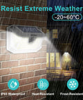 Solar Motion Sensor Outdoor Lights 4 Pack 188 LED, 270 Degree Wide Angle Waterproof lighting on rainy night.