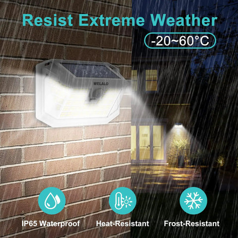 Solar Motion Sensor Outdoor Lights 4 Pack 188 LED, 270 Degree Wide Angle Waterproof lighting on rainy night.