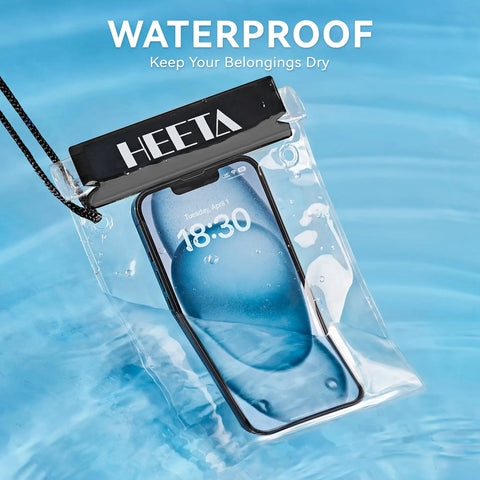 5 Pack Clear Waterproof Dry Bags For Camera, Phone, Maps And More With Lanyard showing phone submerged in water