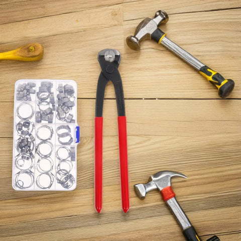 Kick Your Plumbing Game Up With This Heavy Duty Single And Double Ear Hose Clamp Tool Kit Ranging From 6mm To 23.5mm For A Tight Leak Free Grip On Any Pipe Or Hose Job Without The Hassle. with stainless steel clamps and red pliers on a wooden surface