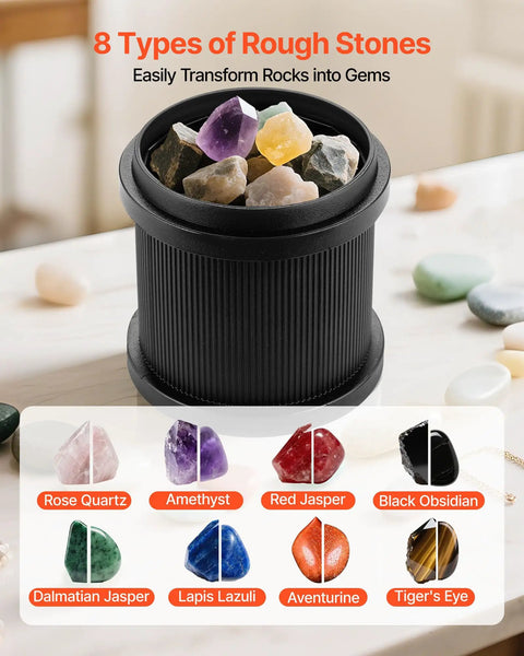 Rock Tumbler Kit For Beginners And Pros, 2 lb capacity drum with rough gemstones on table, includes various stone types.