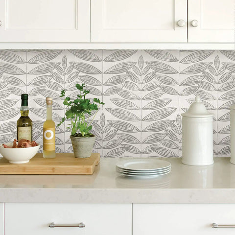 Grey Terrain Botanical Peel And Stick Wallpaper With Scandinavian Influence on kitchen backsplash