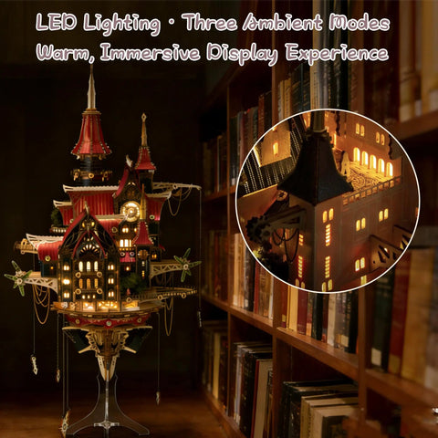 Epic 3D Wooden Puzzle Kit For Adults Steampunk Castle Model With LED Lights DIY Architectural Build For Display Decor And Gift Ideas 699 Pieces Great Gift For Puzzle Lovers lit on bookshelf