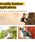 Collage of people using snap hooks for climbing and securing, illustrating versatility for marine, industrial, and commercial applications.