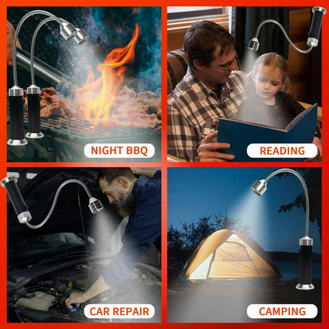 Led Grill Light With Magnetic Base And 360 Degree Gooseneck For BBQ Grilling Night Cooking, showing versatile uses including reading and car repair