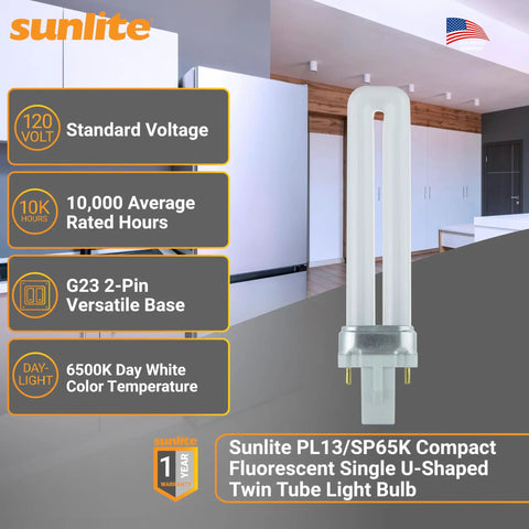 Compact Fluorescent U Shaped Twin Tube Light Bulb 13W 120V 720 Lumens 2 Pin GX23 Base Daylight 6500K 10 Pack packaging