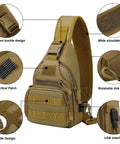 Rugged Tactical Crossbody Bag For Men With Water Bottle Holder MOLLE EDC Sling Pack with USB Charging Port pockets and strap details